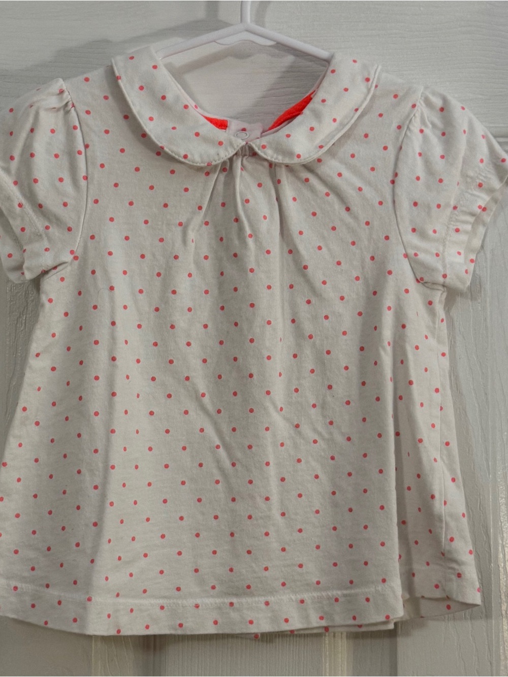 Mini Boden Baby Girl White Short Sleeve Peter Pan Collar Pink Polka Dots